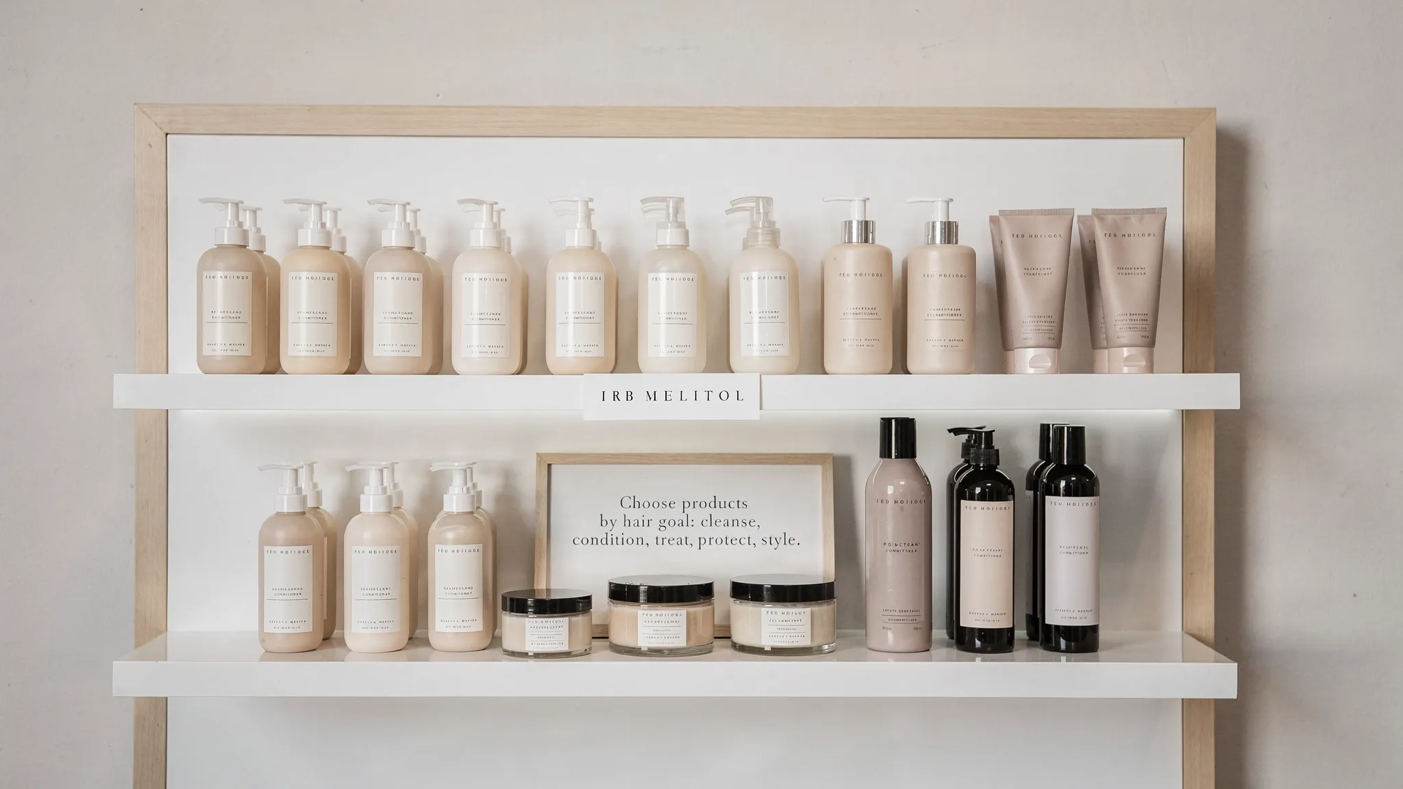A clean, modern salon product shelf with neatly arranged professional shampoo and conditioner bottles, hair masks in jars, heat protectant sprays, and a small sign that reads “Choose products by hair goal: cleanse, condition, treat, protect, style.”