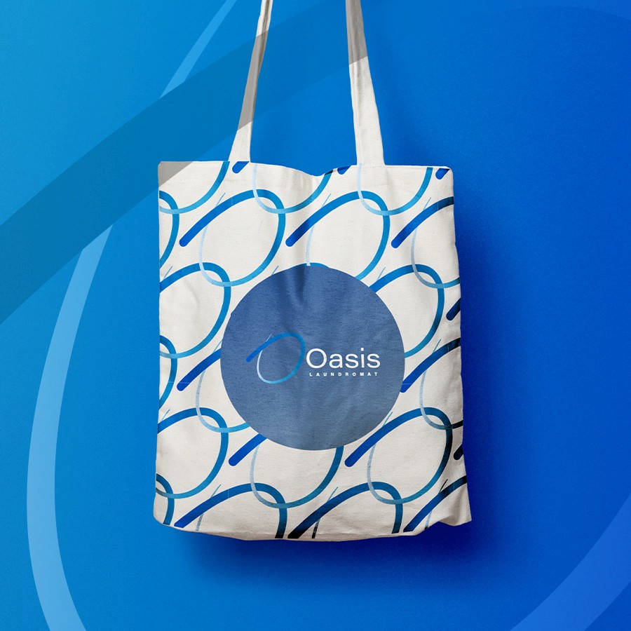 Bubbly brand identity for Oasis Laundromat featuring playful mascot and signage Community laundromat flyer and store visuals designed for Oasis Laundromat