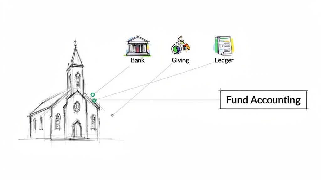 Illustration of church financial management linking banking, donations, ledgers, and fund accounting.