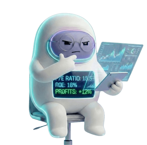 Agent IA 3D Dash analysant des indicateurs financiers et boursiers sur une tablette à interface holographique.