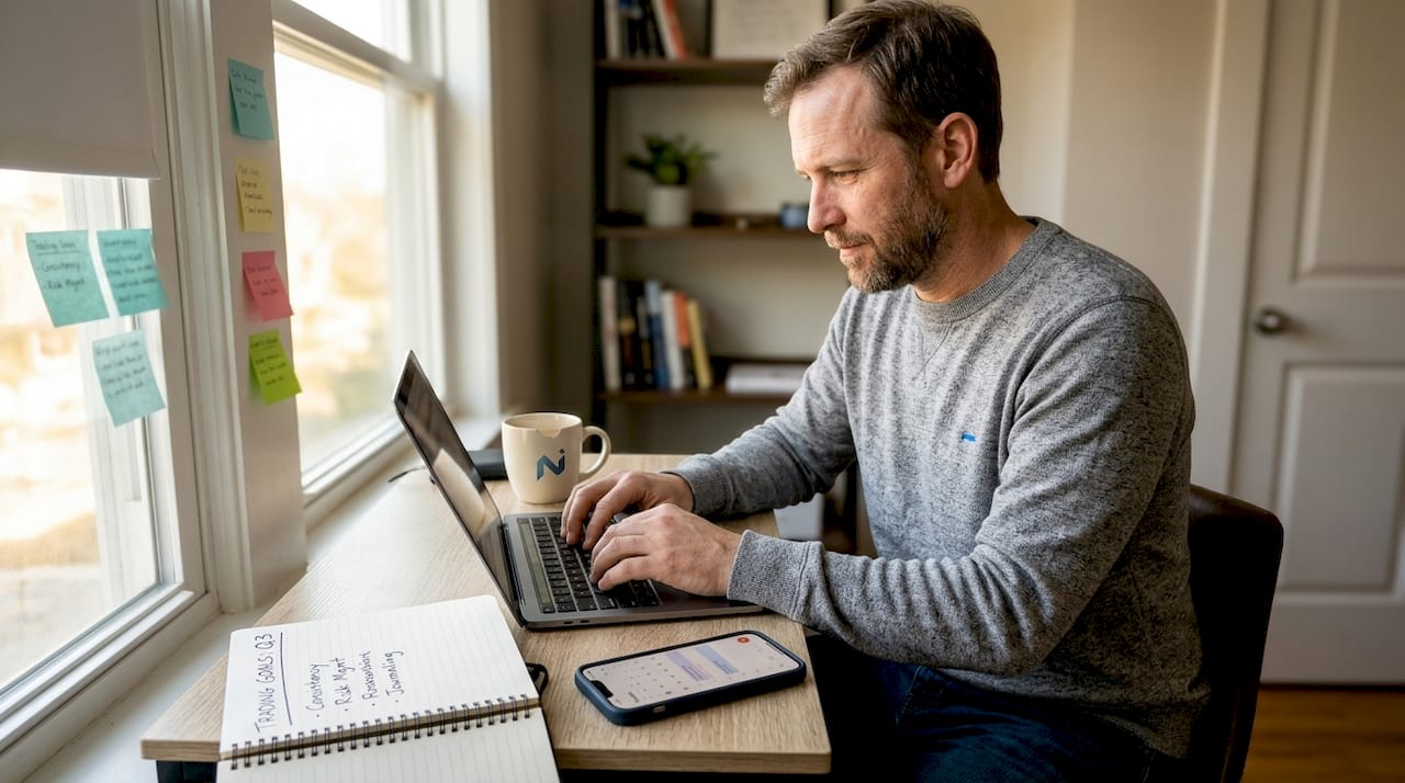 Man writing trading goals in office