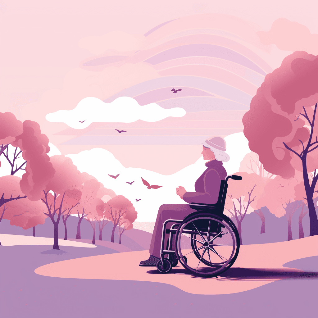 An elderly woman seated in a wheelchair, enjoying the serene beauty of nature.