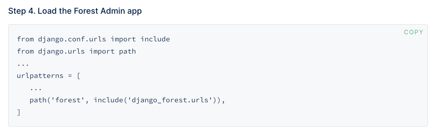 The fourth Forest Admin installation step of the Django data source.