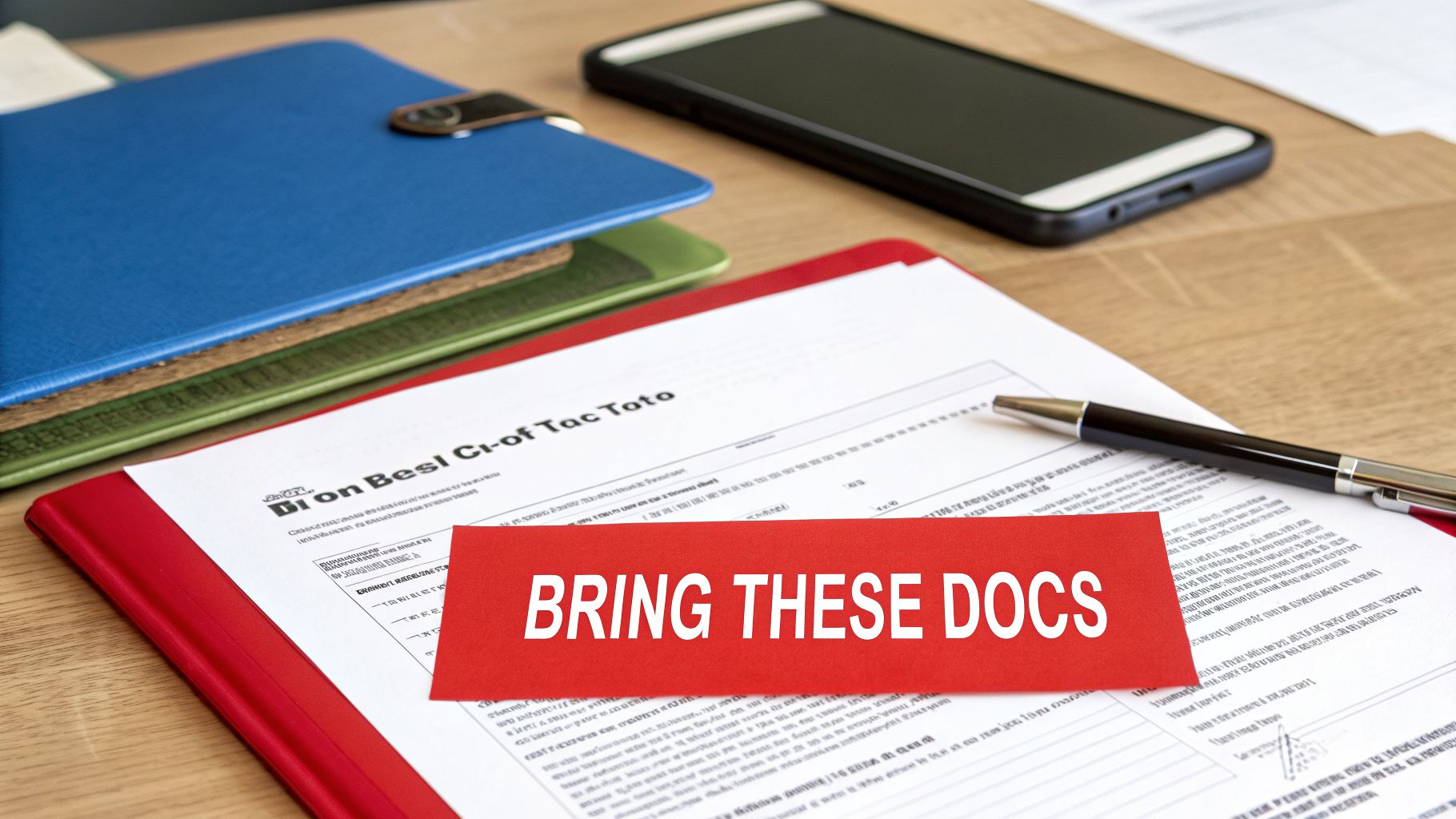 A desk with a red folder, pen, notebook, and phone. A note says 'BRING THESE DOCS' on documents.