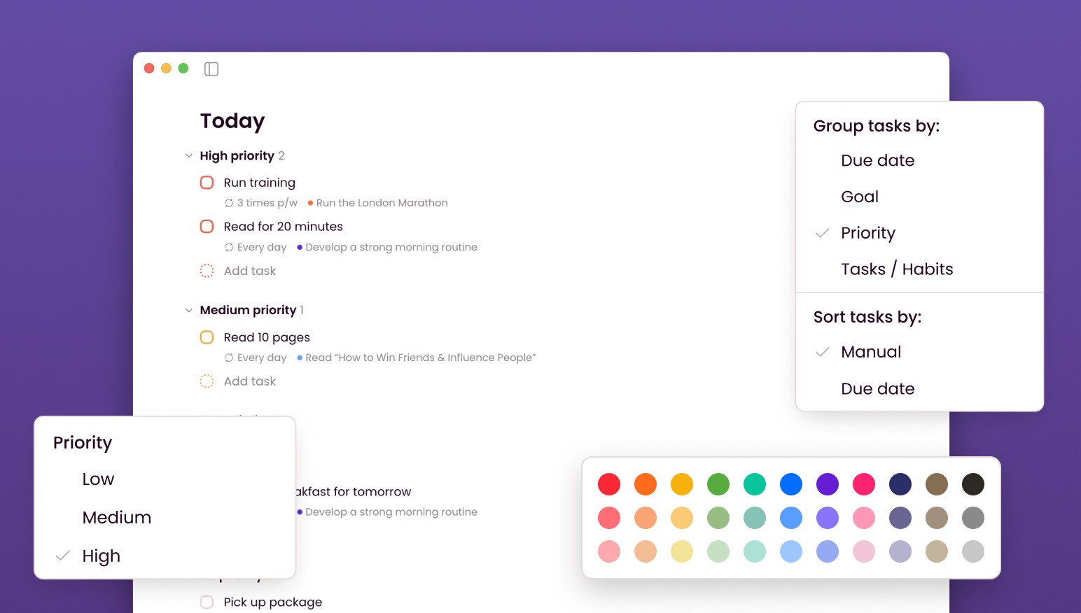 Screenshot of Griply app where tasks are grouped by priority. Task options are displayed for group by, priority and color coding