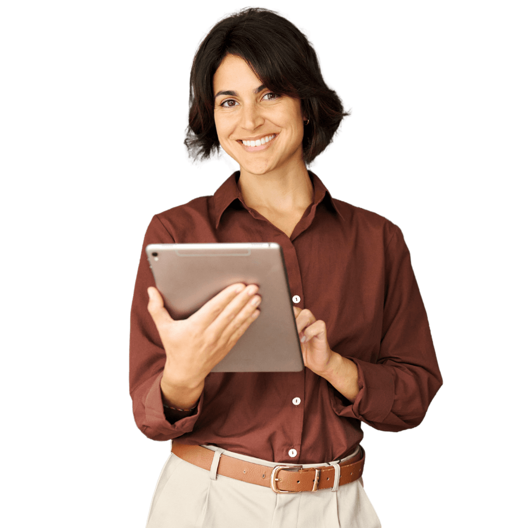 Smiling HR business professional holding a tablet, dressed in a light blue checkered shirt