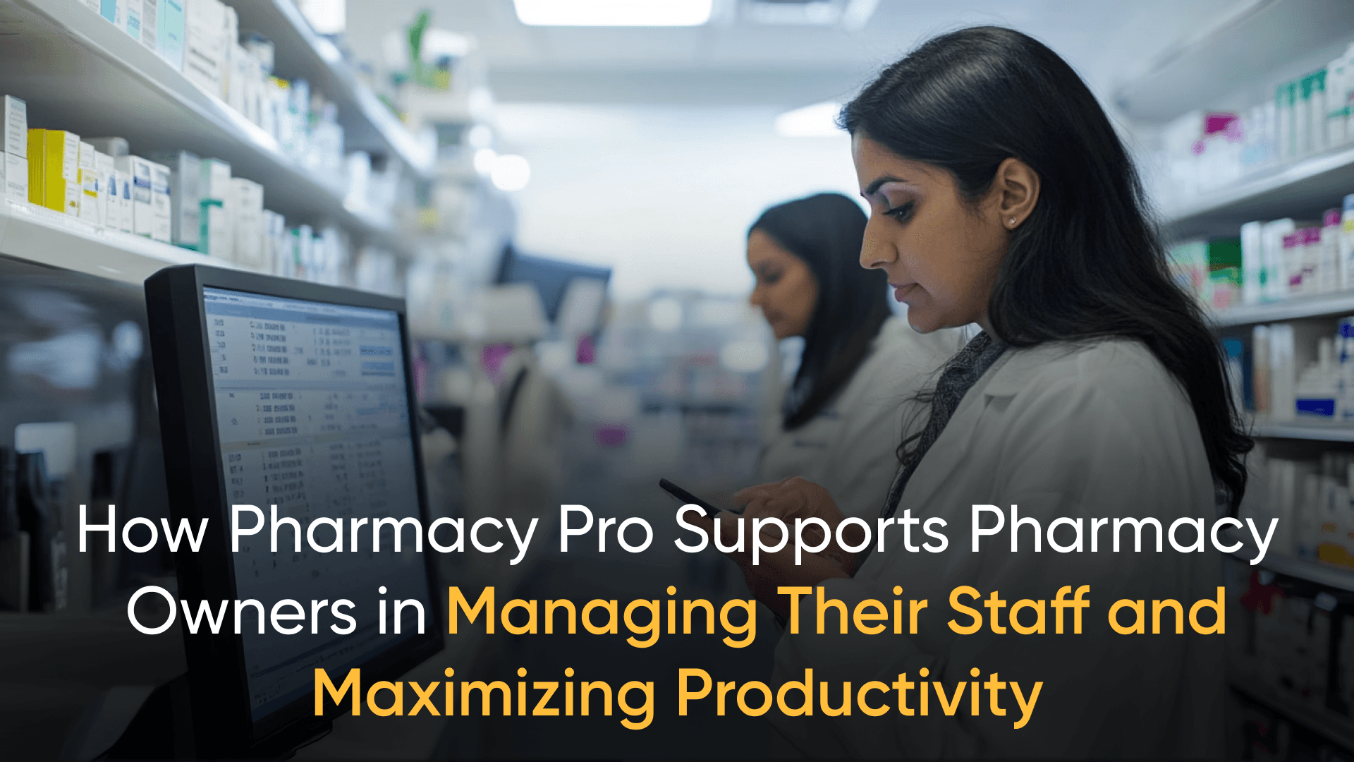 - Pharmacy management - Pharmacy software - Staff management in pharmacies - Pharmacy automation - Pharmacy productivity - Pharmacy Pro - Inventory management - Pharmacy performance tracking - Streamlining pharmacy operations - Pharmacy owner solutions - Pharmacy business management - Pharmacy efficiency tools - Pharmacy technology - Pharmacy staff performance - Pharmacy solutions. Female pharmacist using Pharmacy Pro software to manage operations