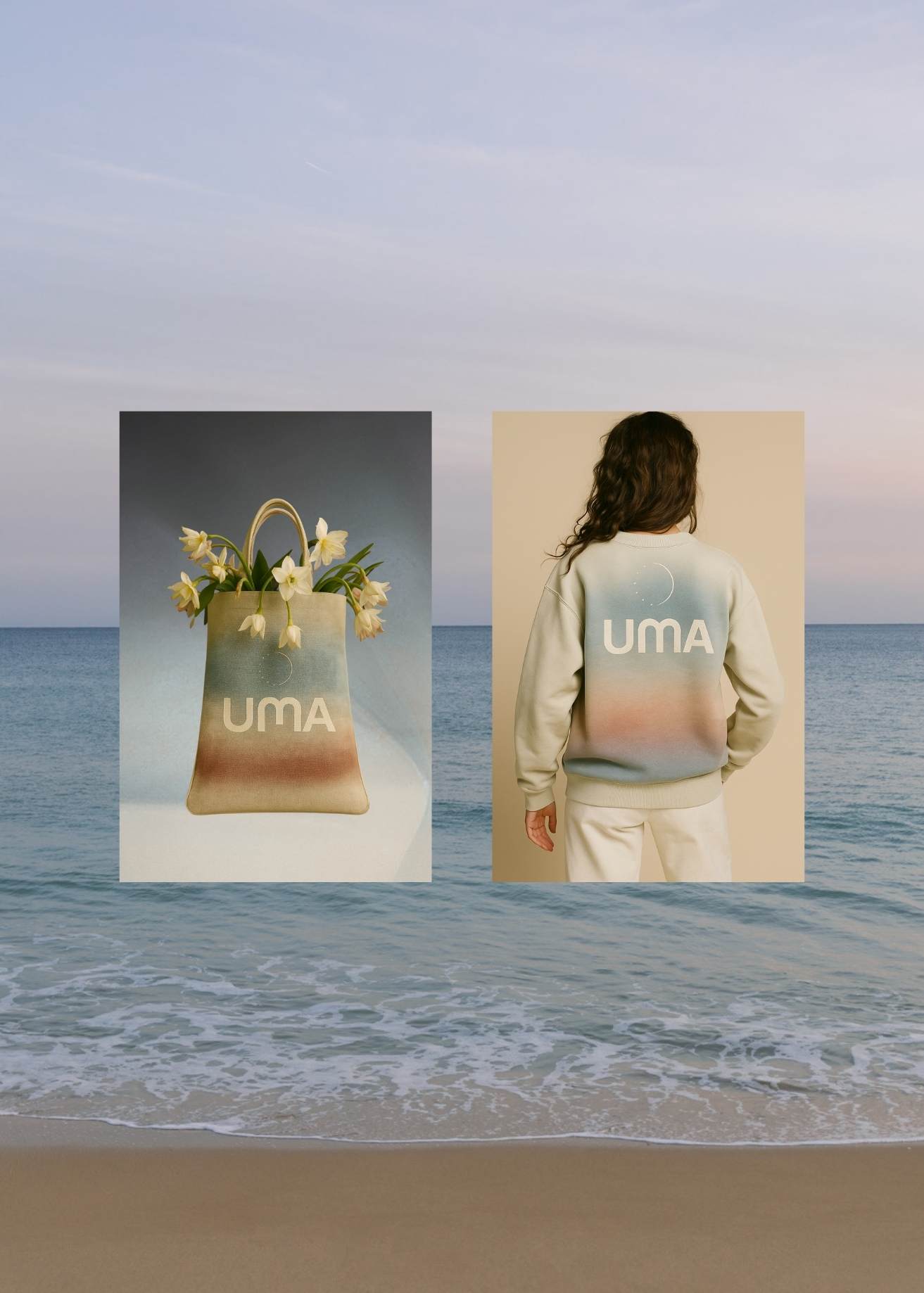 UMA brand campaign featuring minimal beach photography with product display and a model wearing UMA apparel, reflecting calm, modern women’s wellness branding.