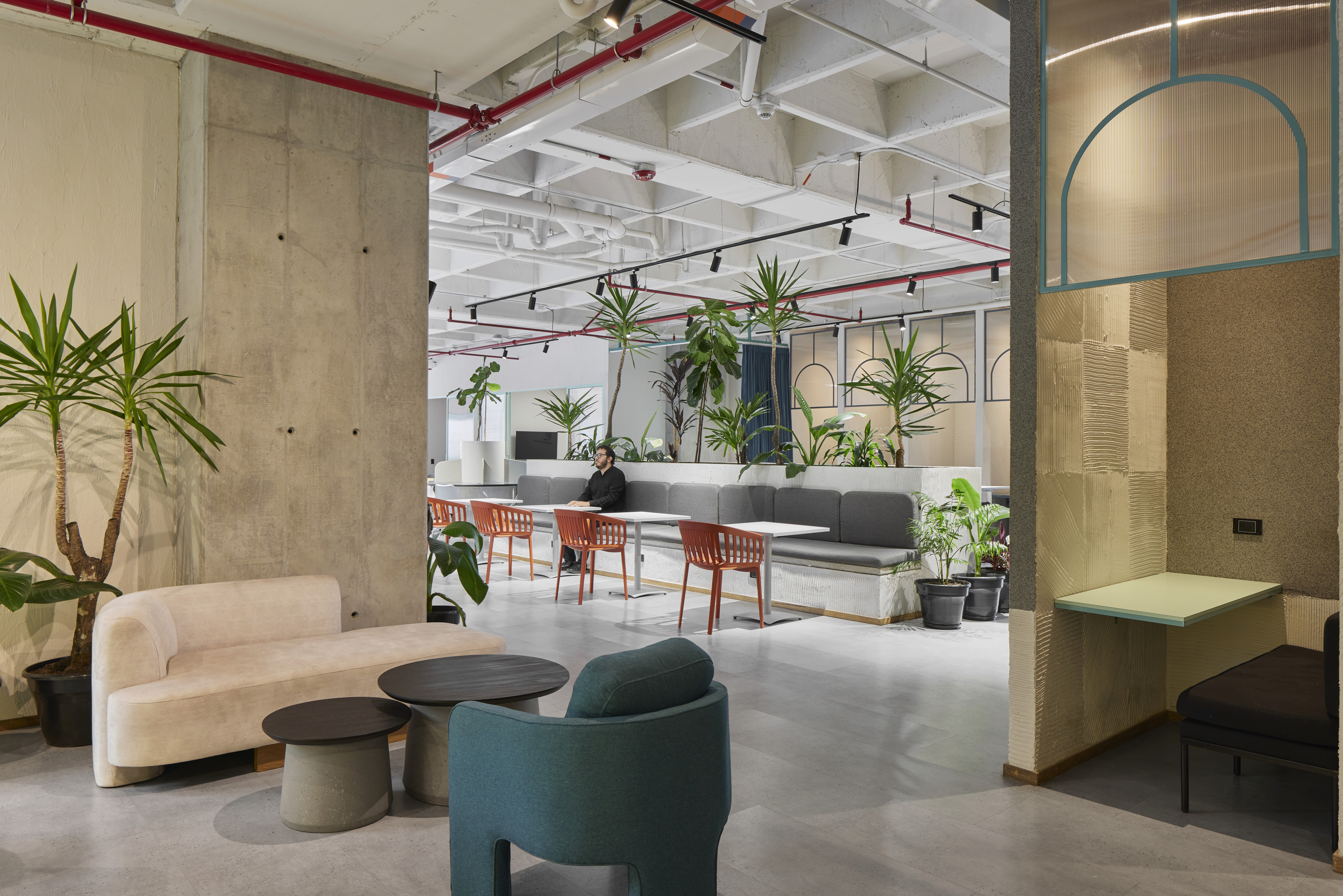 Double-height interior with flowing sculptural forms and warm raking light