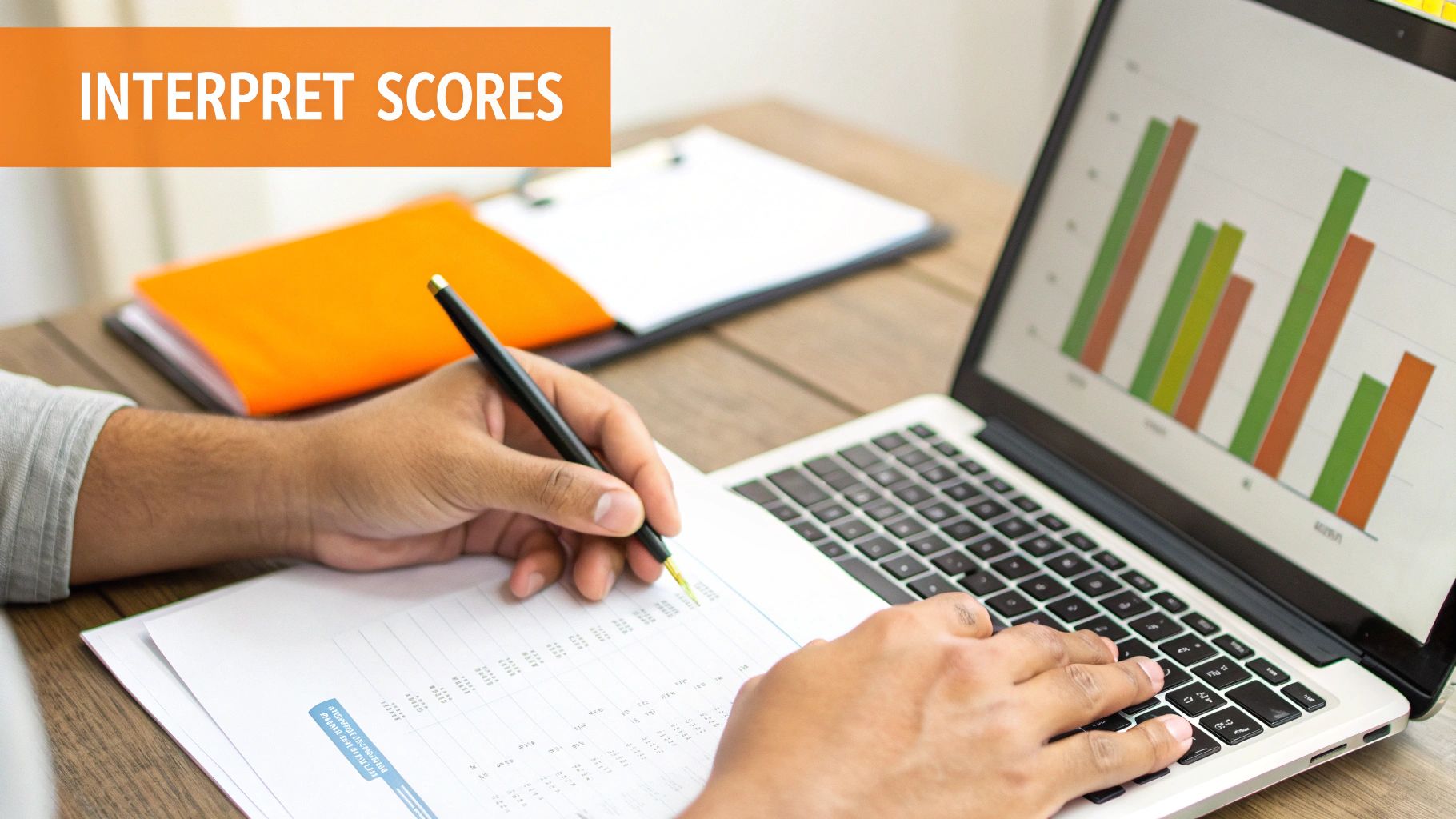 A person's hands analyze scores on a paper document and a laptop displaying bar graphs.