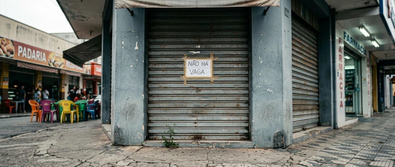 Estabelecimento comercial com portão de ferro fechado e placa "Não há vaga" em rua do comércio brasileiro, simbolizando empresas que perdem espaço por ausência de presença digital.