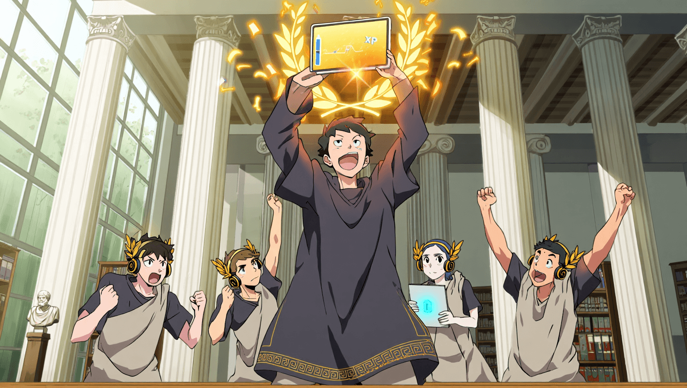Victorious medical student celebrating a tournament win with arms raised as golden sparks form a giant laurel wreath and rising XP bar