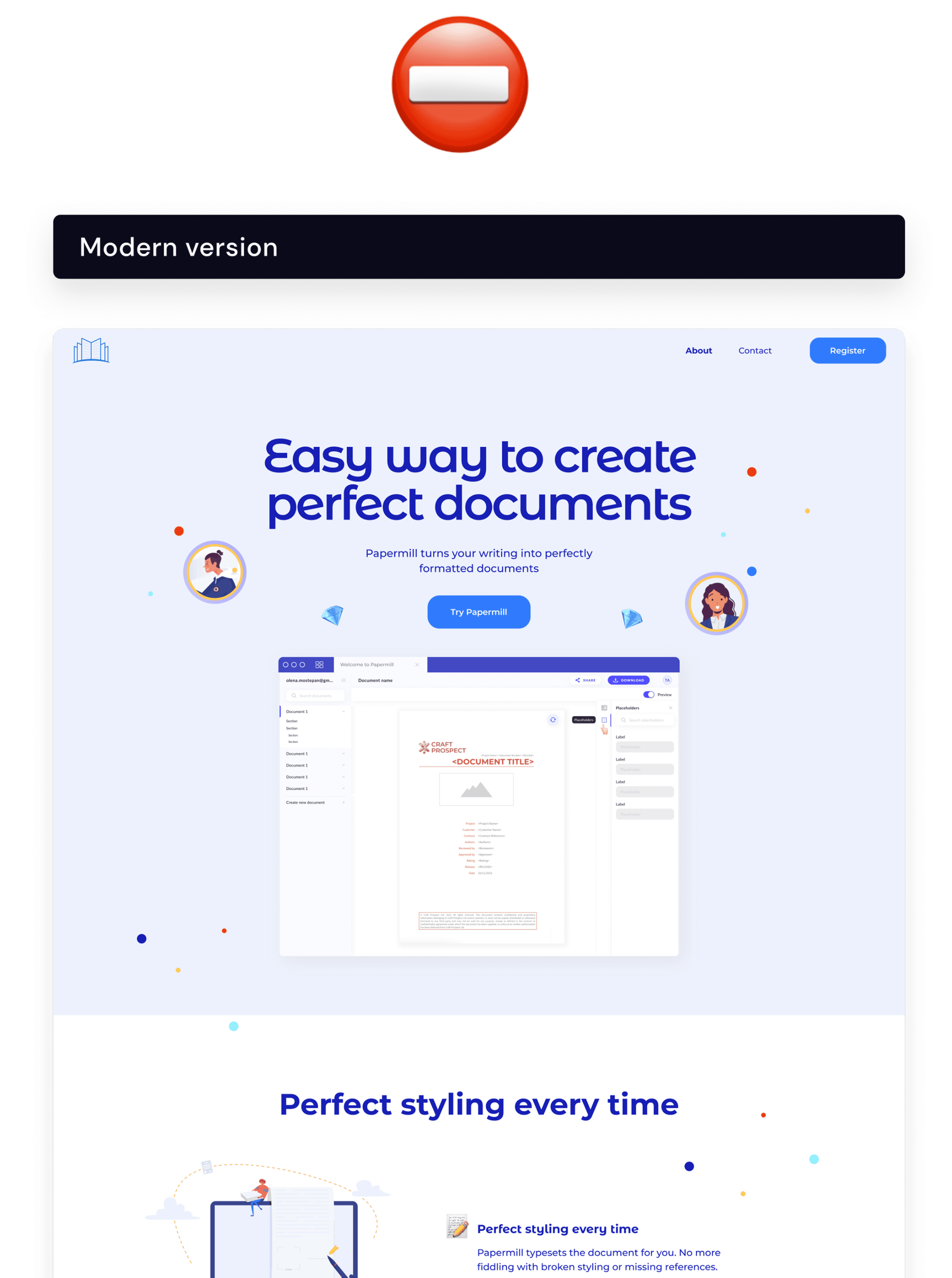 Modern version of Papermill landing page - playful design with illustrations rejected by users who preferred formal, trustworthy appearance