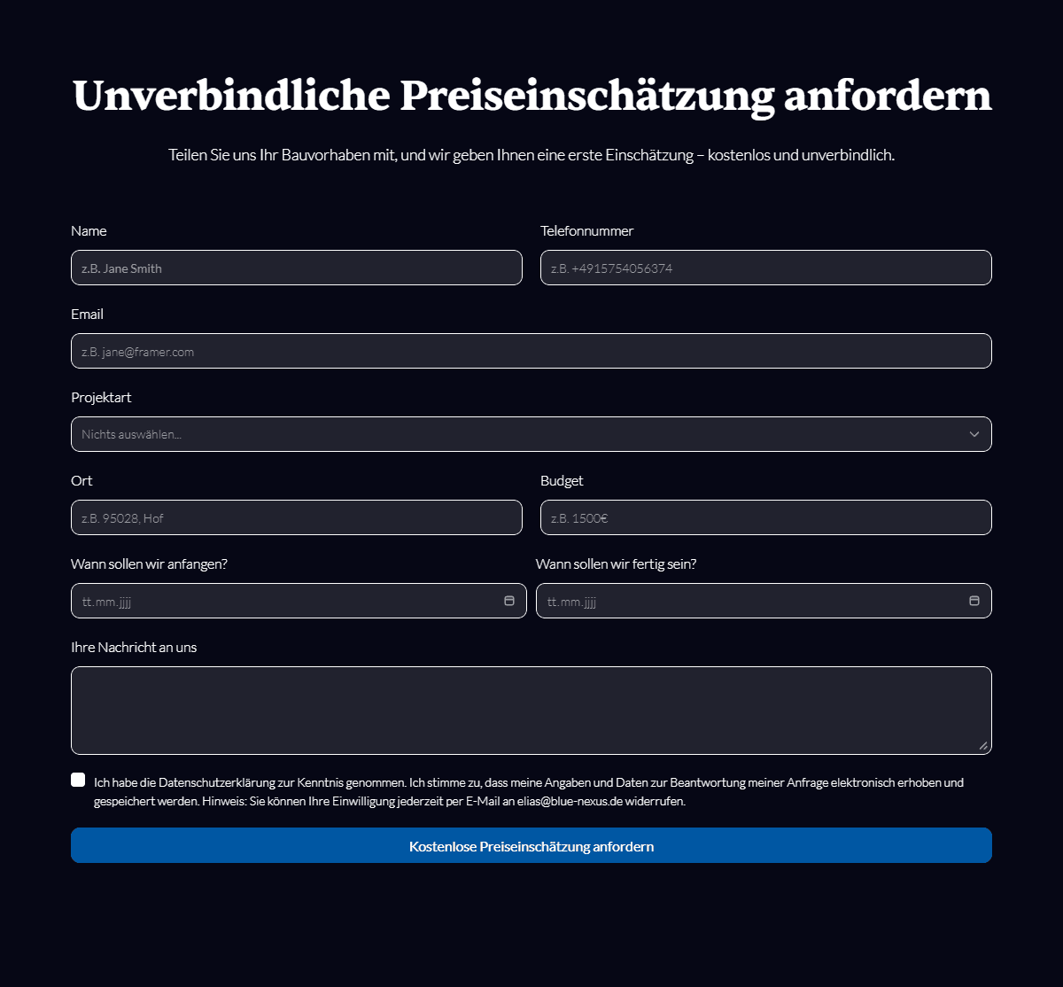 ein kontaktformular eines Bauunternehmens, welches auf der unternehmenswebsite eingebaut ist