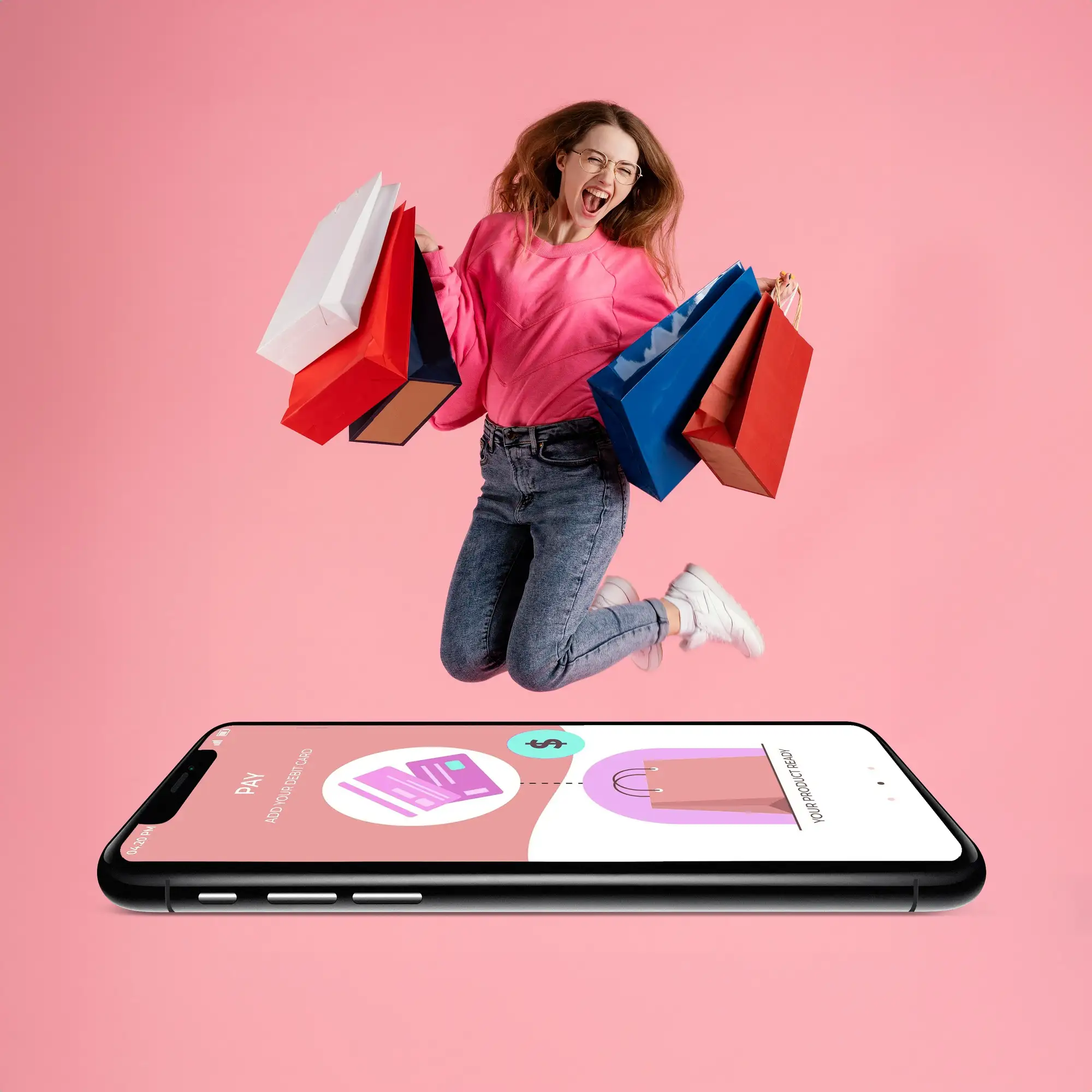 An excited shopper jumps over a phone's payment screen, illustrating the seamless checkout experience with the Shopify integration.