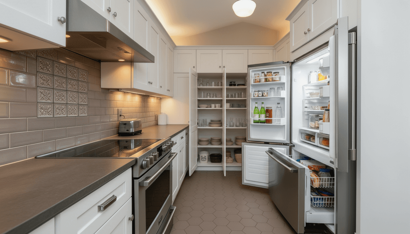 kitchen with an open fridge