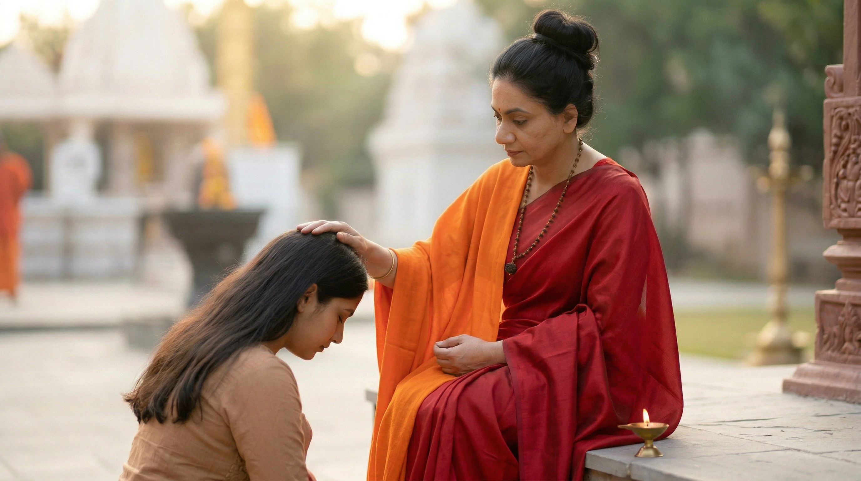 Spiritual guru blessing a devoted seeker,  offering sacred personal guidance and  direction on the path of mantra diksha