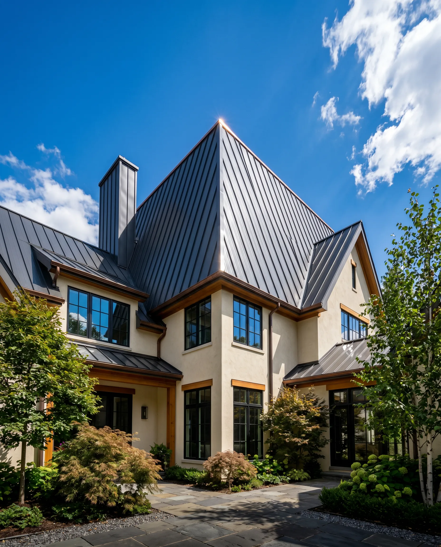 Modern house with a dark gray metal roof and light stucco walls.