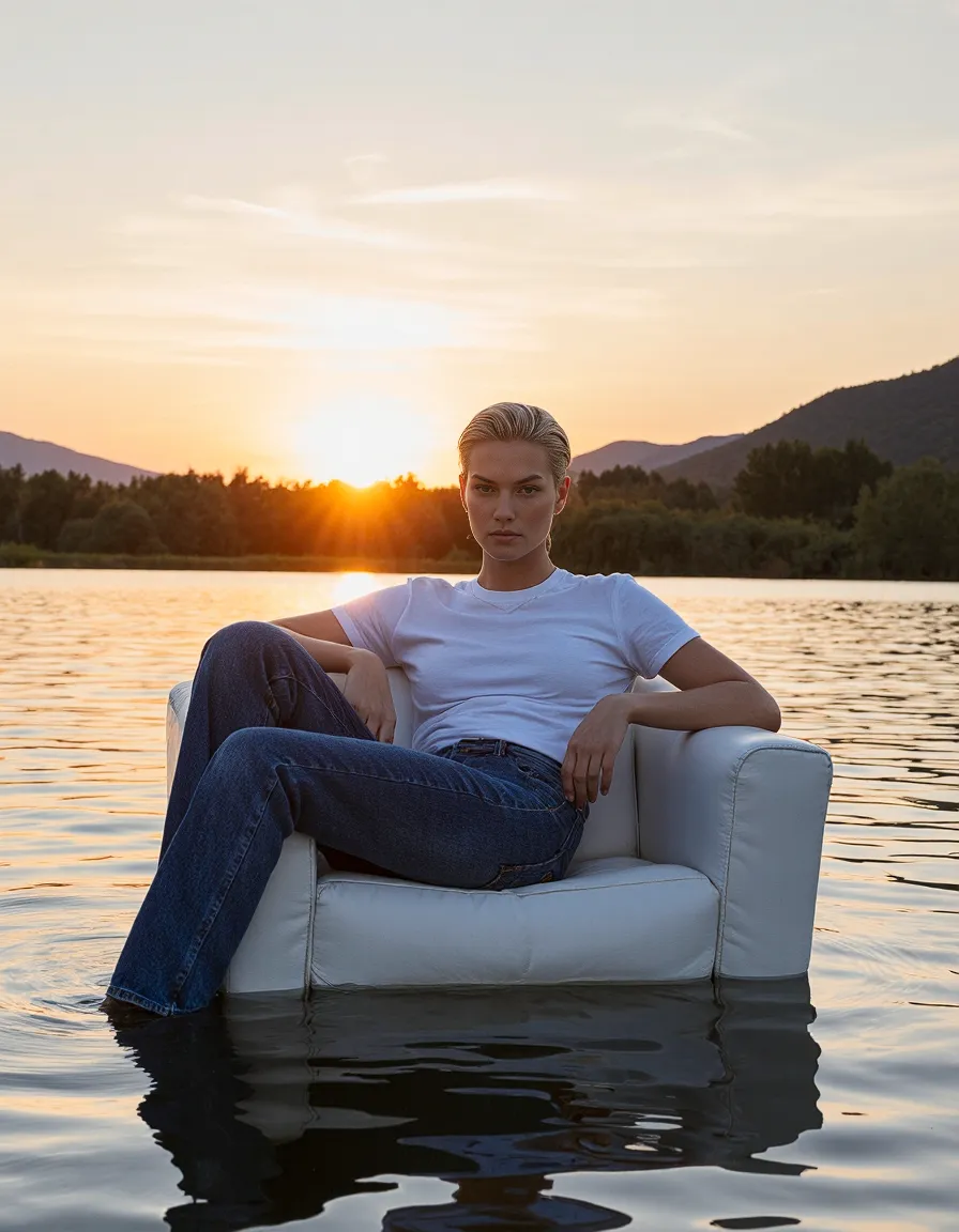A white armchair sits in a lake at sunset with mountains in background, creating a surreal composition with golden light reflecting on water