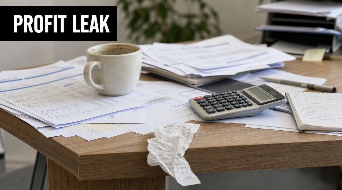 A cluttered office desk featuring documents, a calculator, a coffee mug, and a crinkled paper receipt.