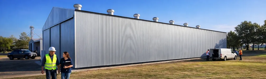 Galpón metálico industrial con estructura de acero y cerramiento de chapa instalado en Santa Fe.