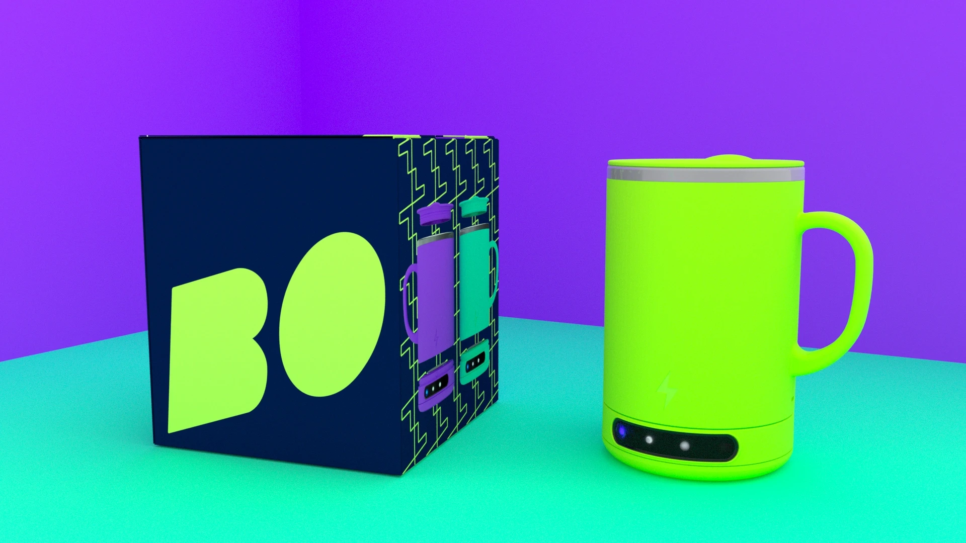 Product and packaging design render for Bolt self heating mug