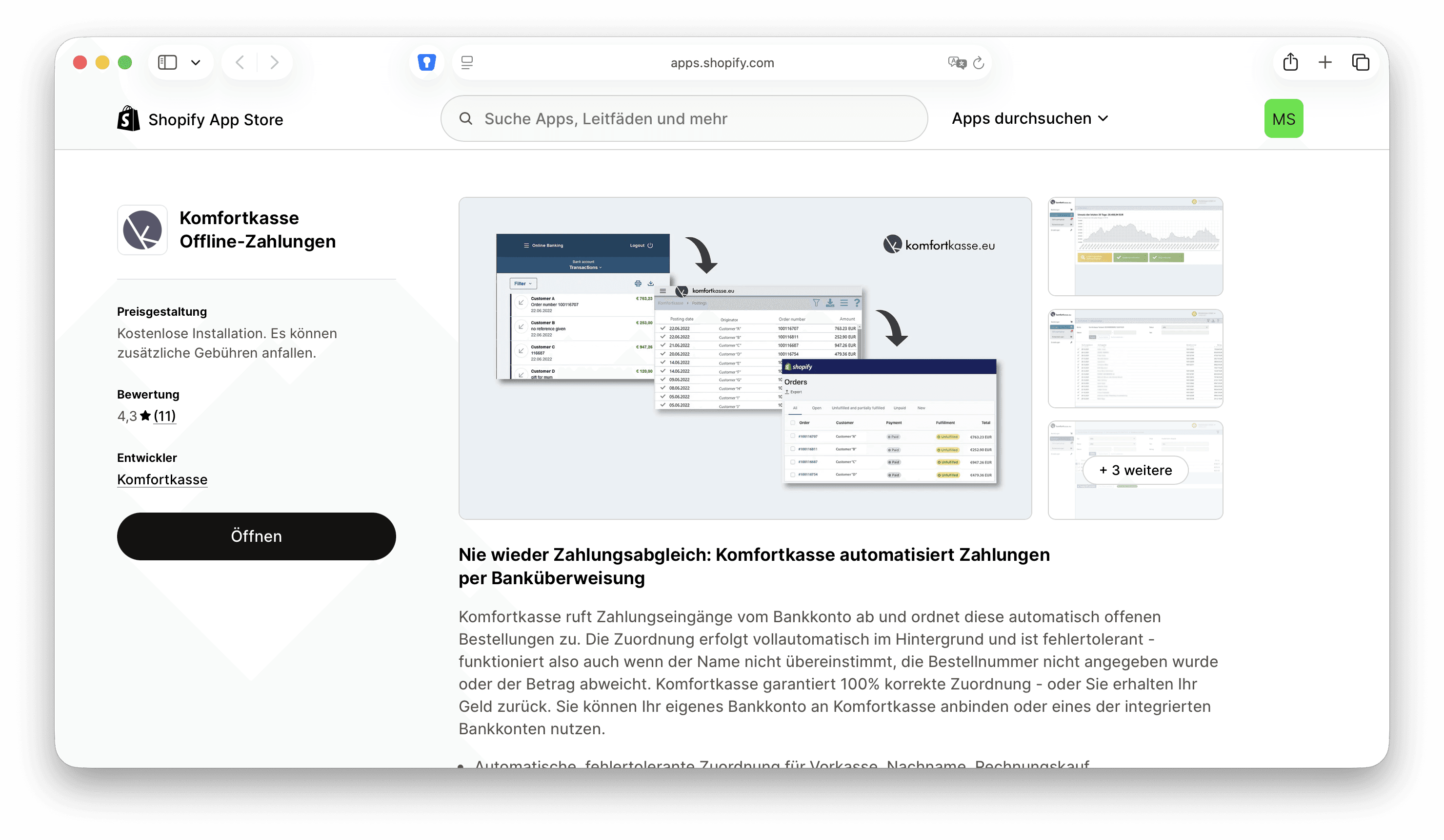 Shopify App Store Komfortkasse Listing