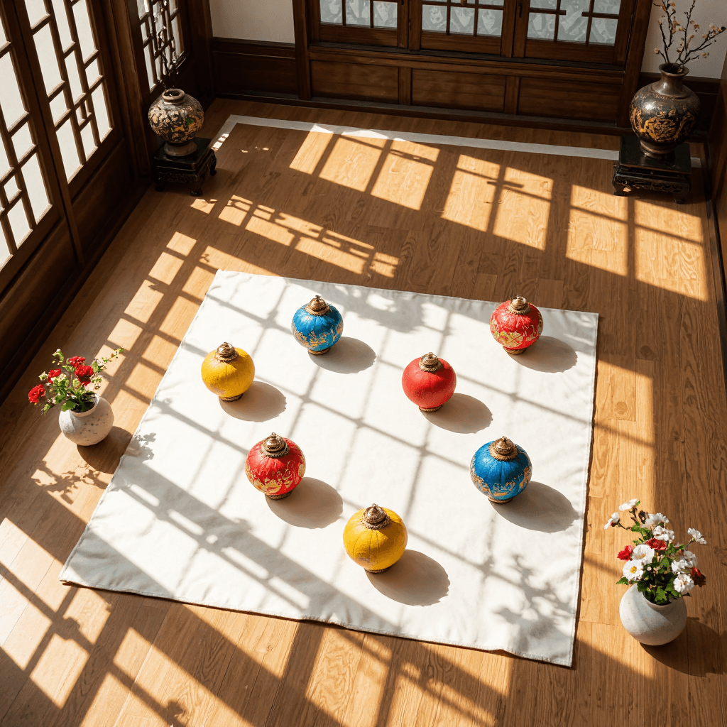 product photography of Five colorful Korean traditional ornaments