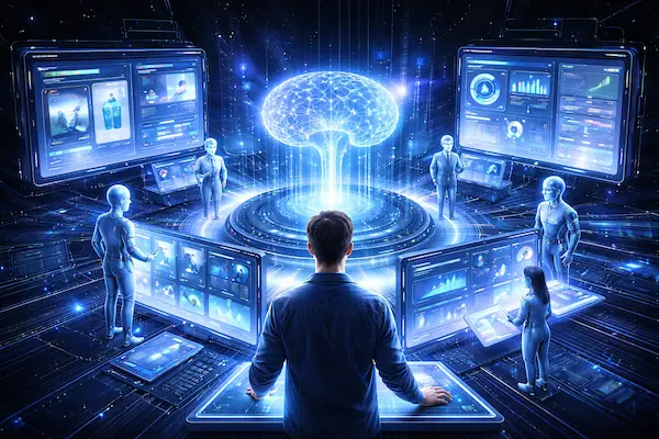 A solo marketer directing an AI-powered advertising system, with autonomous agents managing creative production, campaign execution, and optimization in a blue, futuristic control environment.