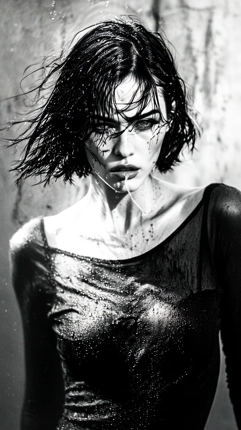 Ritratto in bianco e nero di figura femminile con capelli bagnati sul volto, sguardo frontale intenso e tracce liquide sulla pelle