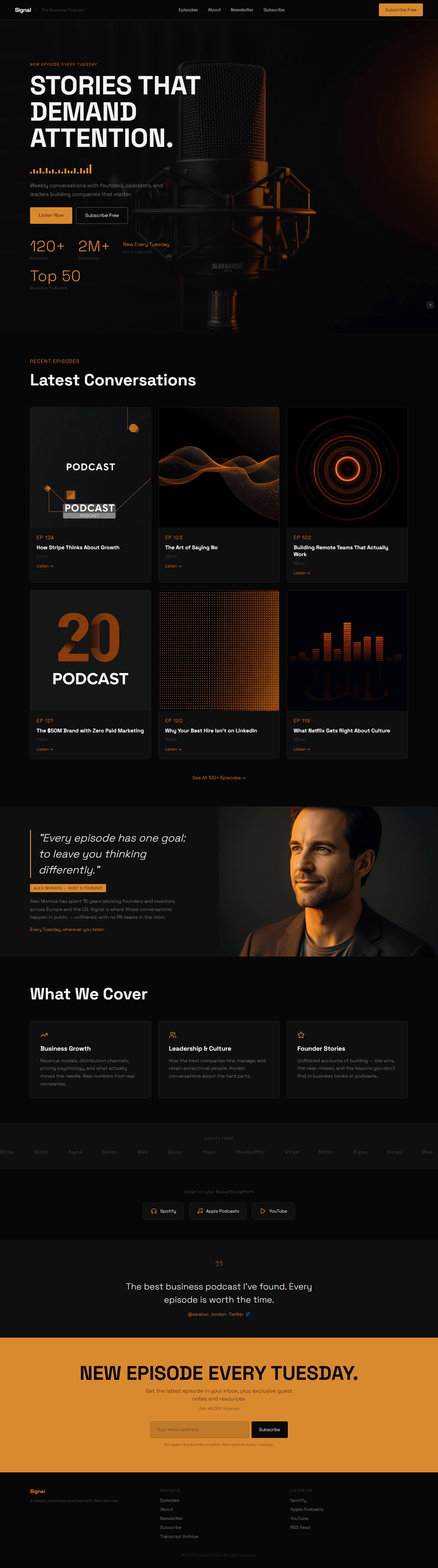 Full preview of a near-black business podcast website with electric amber accents and an animated SVG audio waveform in the hero. Space Grotesk 700 headlines, an episode grid, and a full-width email subscription CTA give the site a credible, editorial feel.