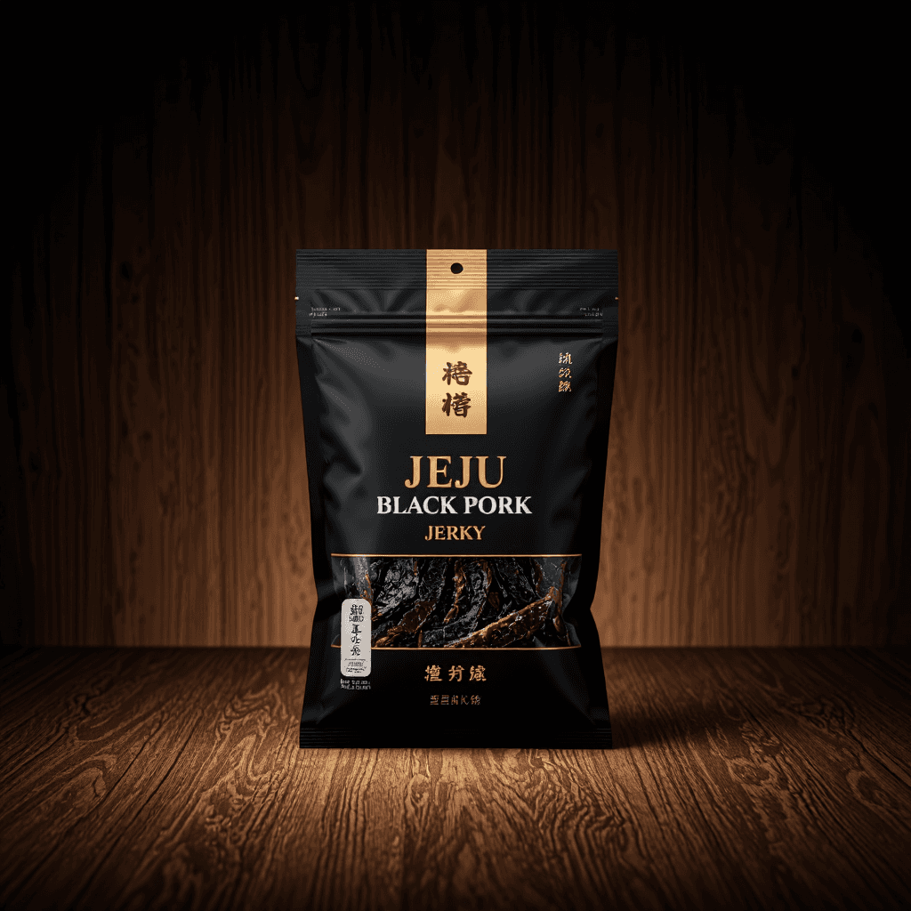 product photography of a box of Jeju black pork jerky