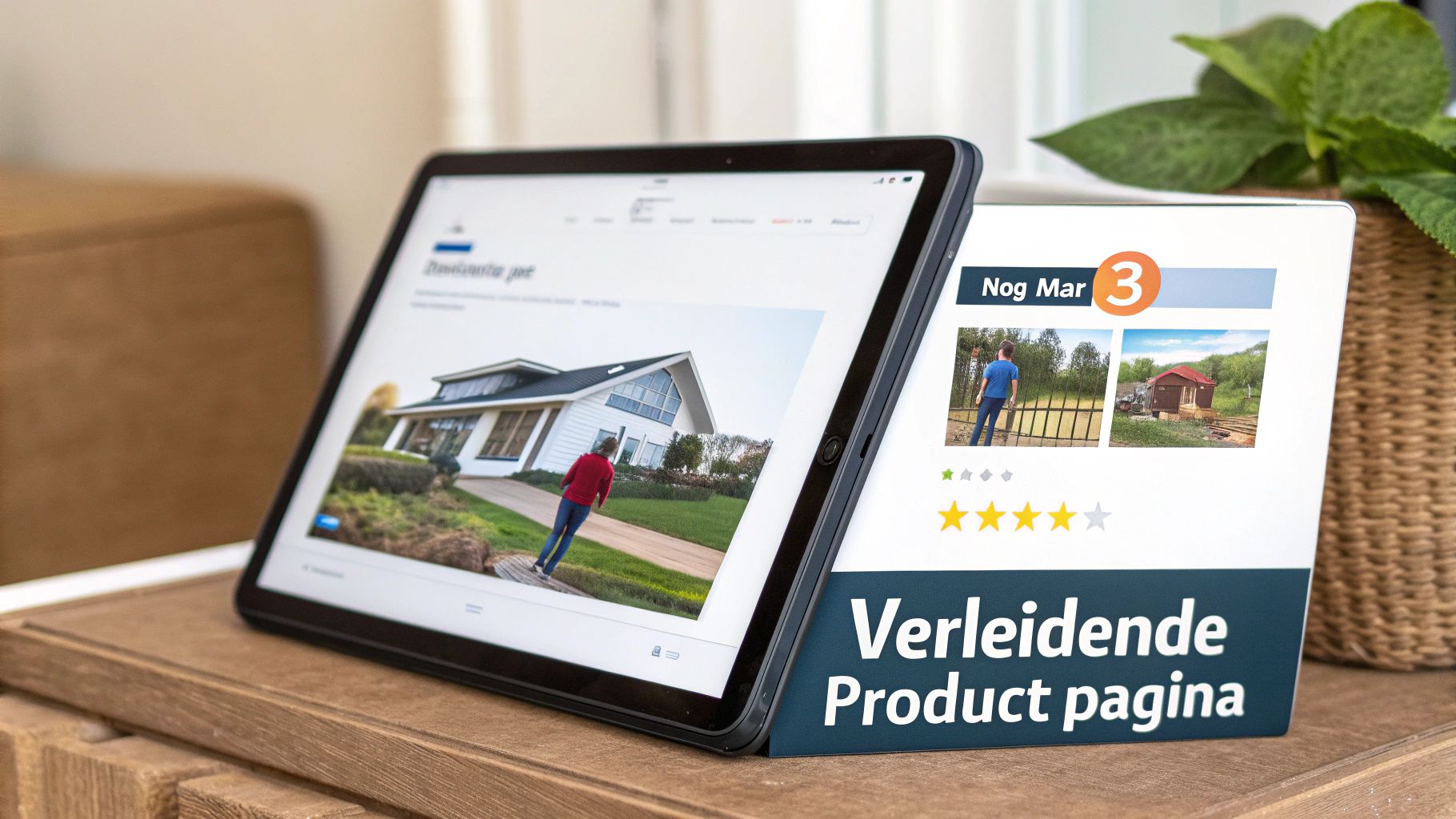 Tablet toont een verleidelijke productpagina met huis en persoon, naast een print met 'Nog Mar 3' en beoordelingen om webshop conversie te verhogen.