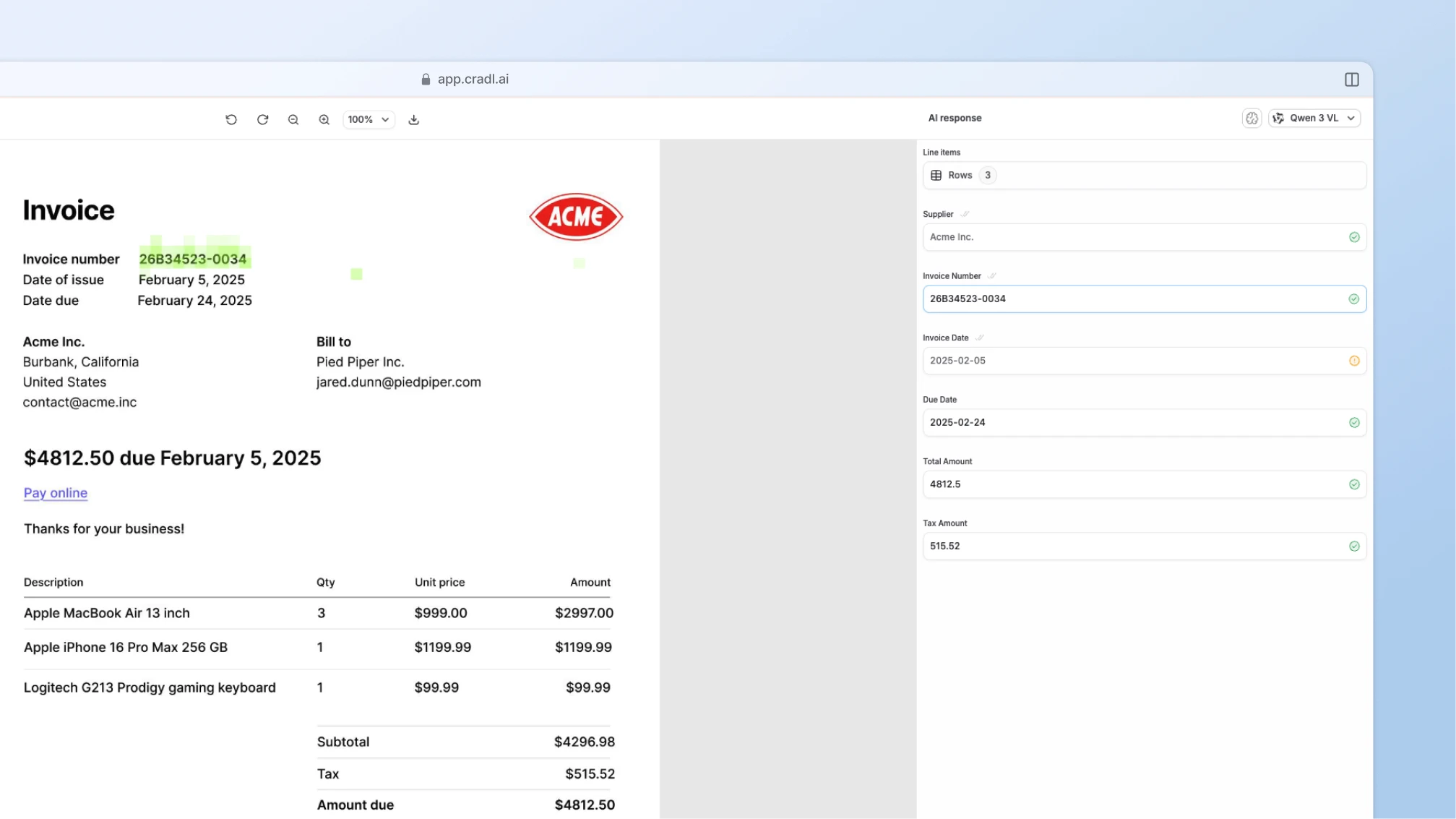 Attention scores visualized on an invoice.