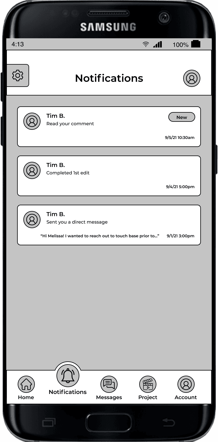 A wireframe of a media production app's notification screen