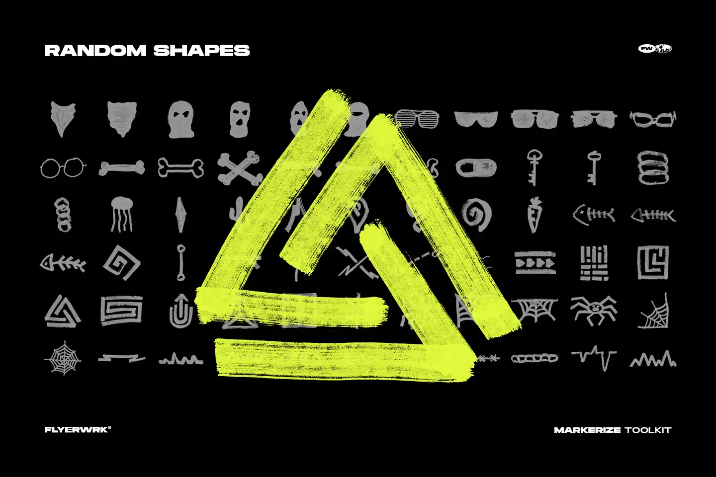 Markerize random shapes collection featuring neon yellow marker elements and gray hand drawn doodle symbols