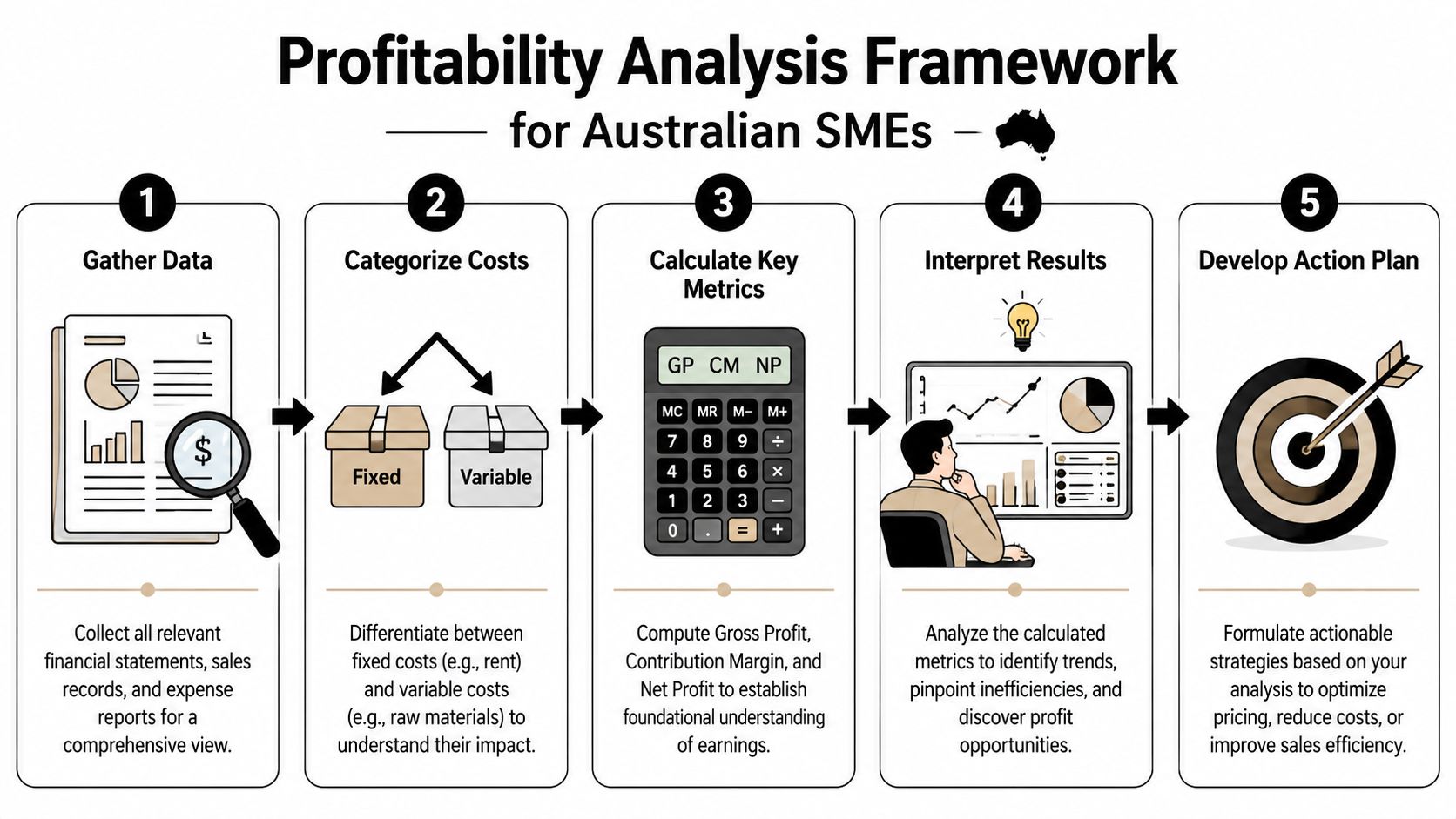 A five-step flowchart illustrating a profitability analysis framework for Australian small and medium-sized businesses.