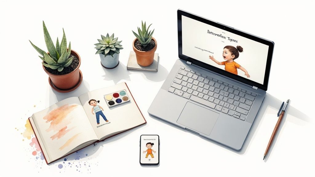 Laptop displaying personalized story book website with illustrated character, surrounded by art supplies and plants