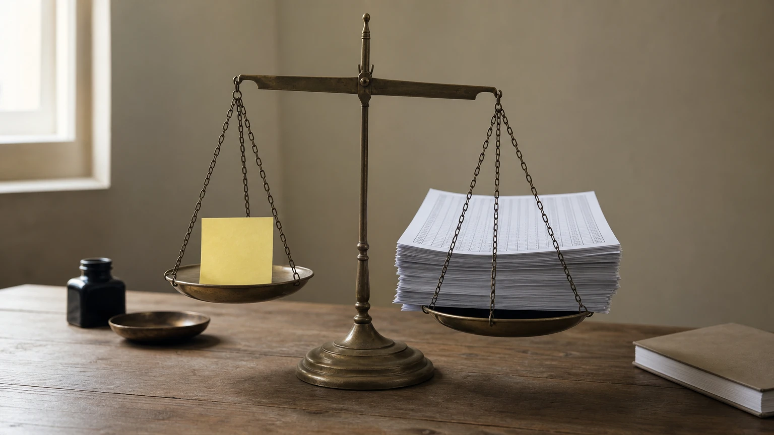A balance scale weighing a simple note against a dense spreadsheet of data.