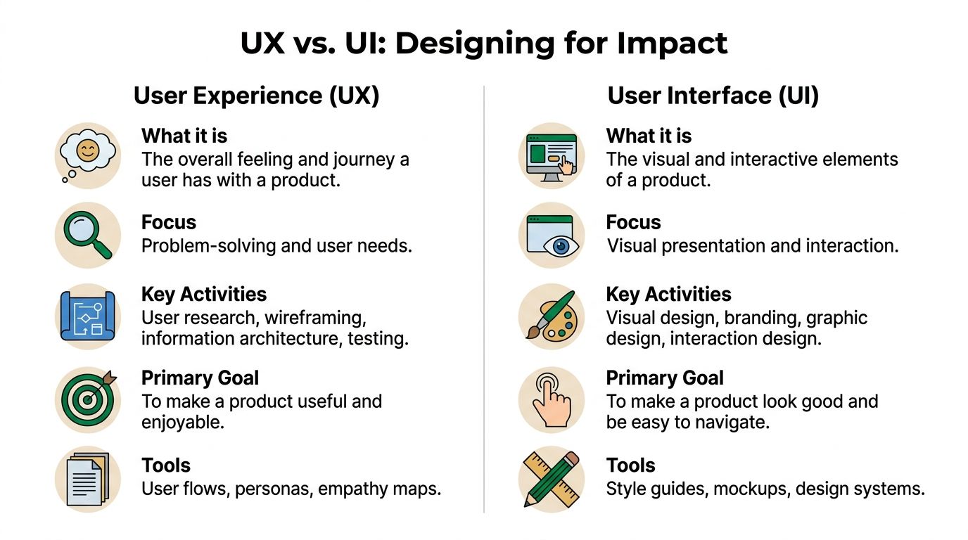 A comparison chart explaining the differences between User Experience UX and User Interface UI design principles.