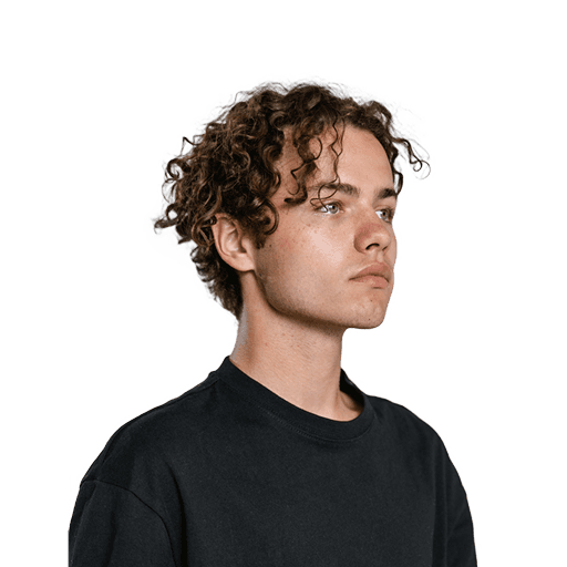 Young man with curly hair, wearing a black t-shirt, looking towards the right.