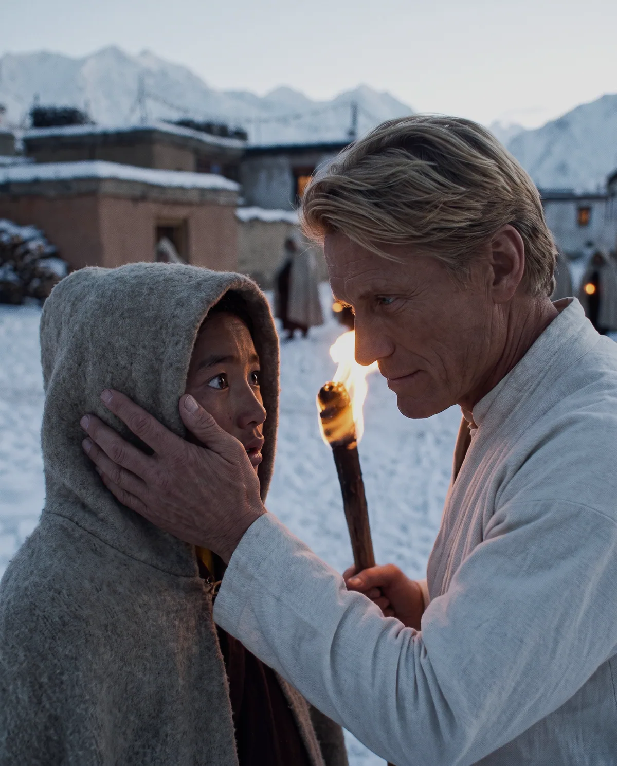 Concept art: a fair-haired man in his sixties in a pale wool shirt holding a burning torch, one hand on the cheek of a hooded young person beside him, a snowbound village behind them.