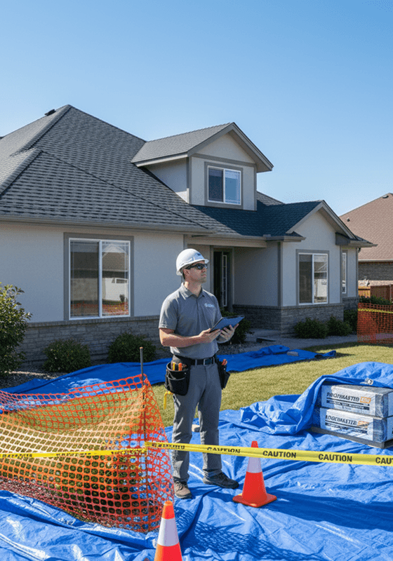 Home protected with tarps and safety netting during roofing, supervisor in PPE.