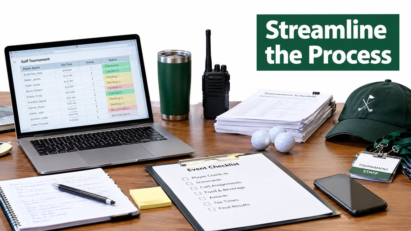 A professional desk setup featuring a laptop with golf tournament data, an event checklist, and staff gear.