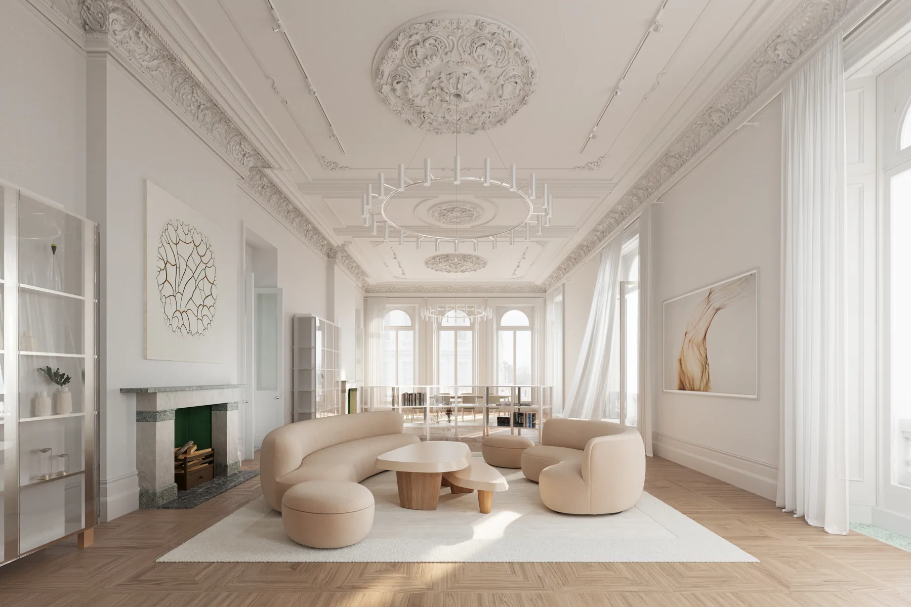 Living space with restored period details and modern furniture — Leinster House visualization