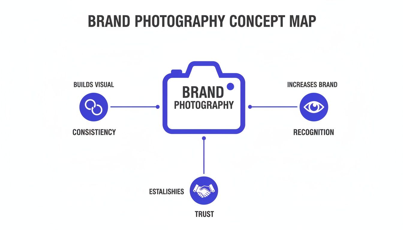 A concept map illustrating the benefits of brand photography: visual consistency, brand recognition, and trust.