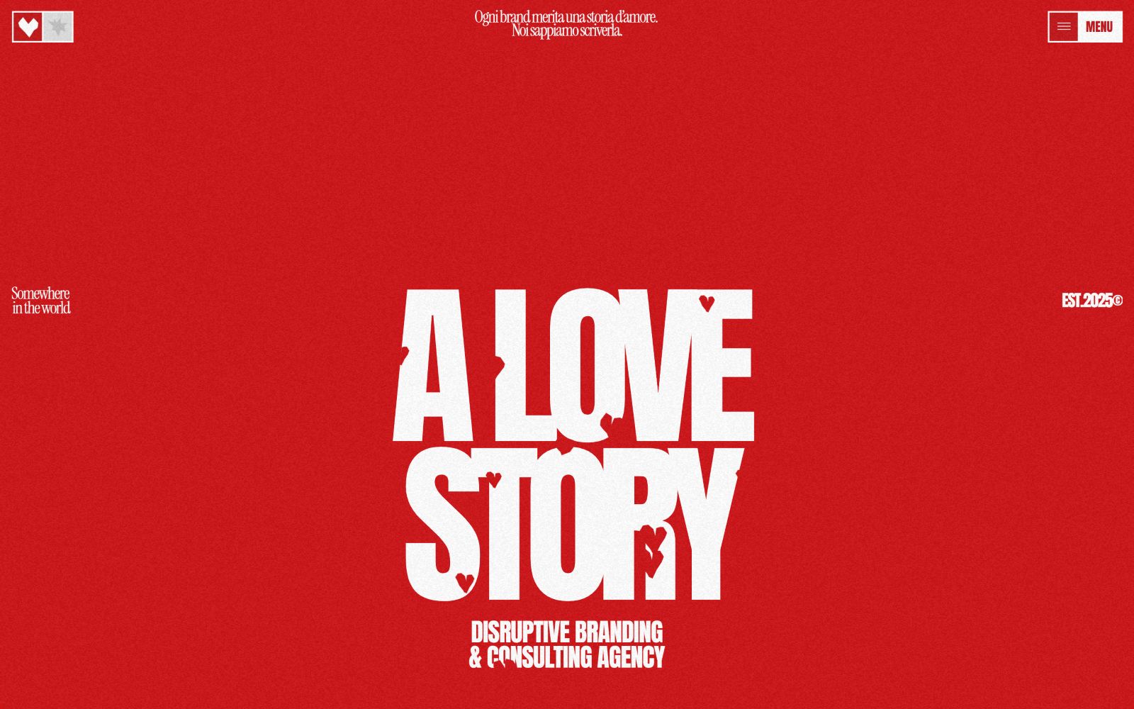 Red background with bold white text: "A LOVE STORY" and "DISRUPTIVE BRANDING & CONSULTING AGENCY." Heart and MENU icons.