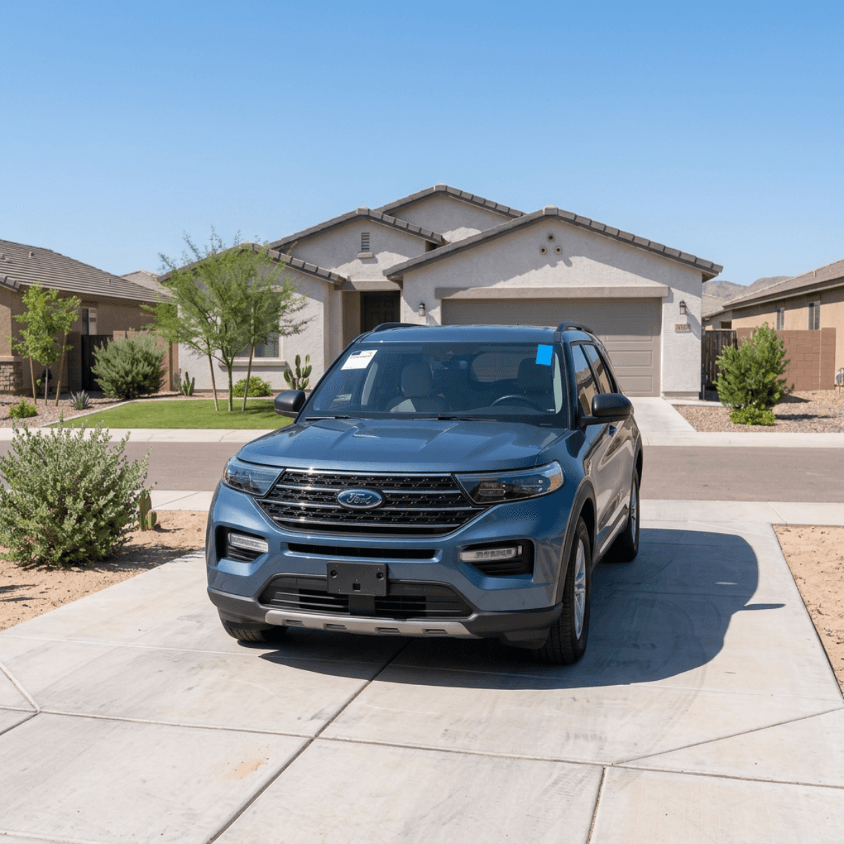 New windshield installed on a blue Ford Explorer in a South Tucson residential neighborhood