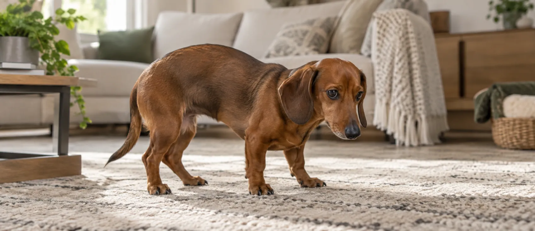 A Dachshund sniffs a rug in a living room.