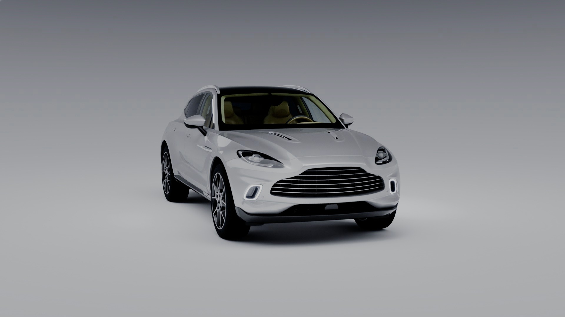 Dreiviertelansicht des 3D-gerenderten Sportwagens mit Fokus auf Frontpartie und Felgendesign